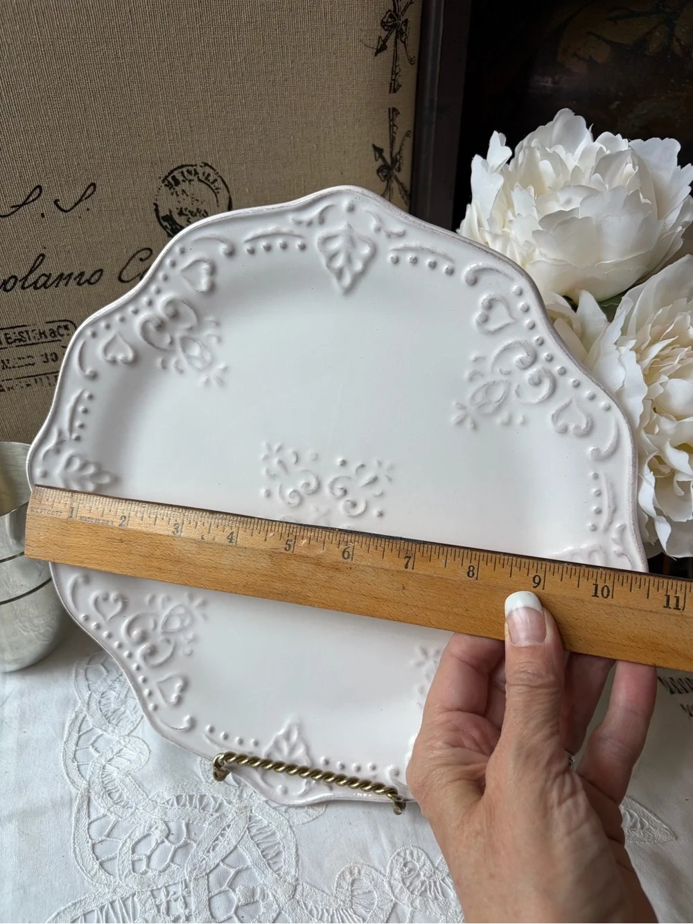 American Atelier white stoneware Florentine Empress dinner plate